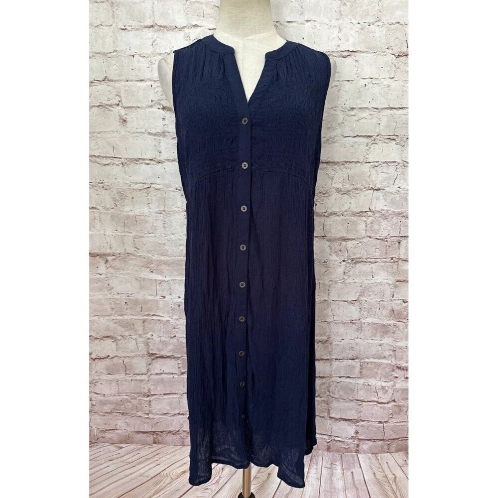 Knox Rose Womens XS Sleeveless Dress Navy Blue Button Front Shift Smocked Casual